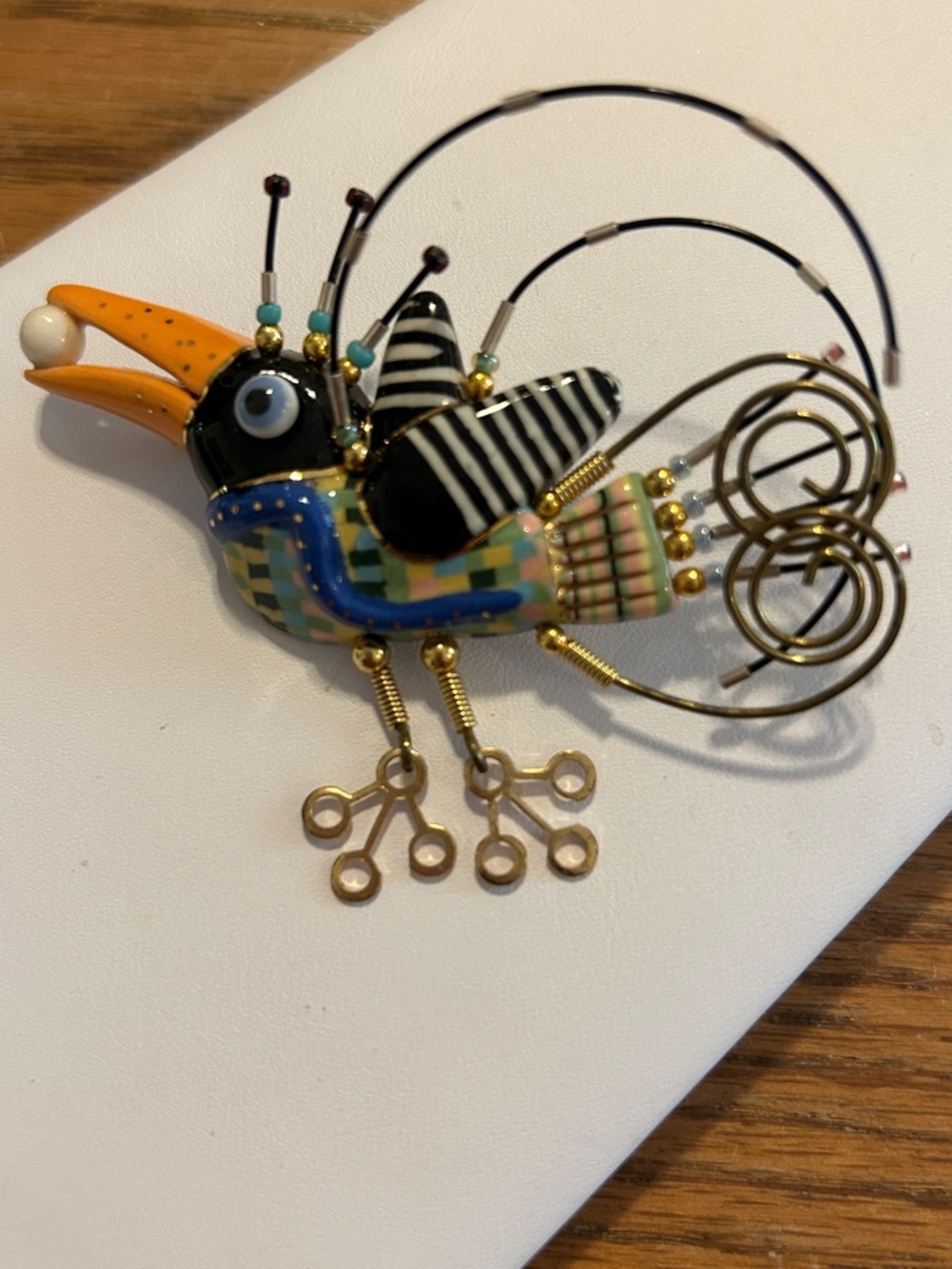 Artisan Ceramic Bird Brooch with Gold Wire Accents